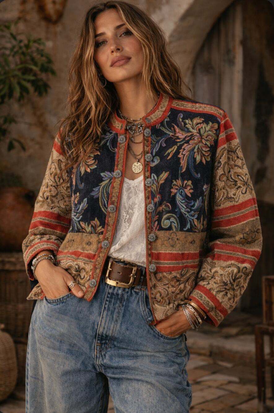 Sag Harbor Tapestry Jacket Womens 14 Boho Art to Wear Floral Baroque Jacket